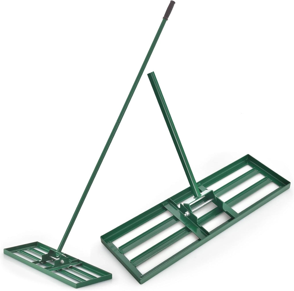 Rastrello Livellatore per Prato, Attrezzo per la Livellatura del Prato con Manico Ergonomico, Livellatrice per Giardino, Cortile, Campo da Golf, Fattoria e Pascolo (Verde 75 x 25 cm)