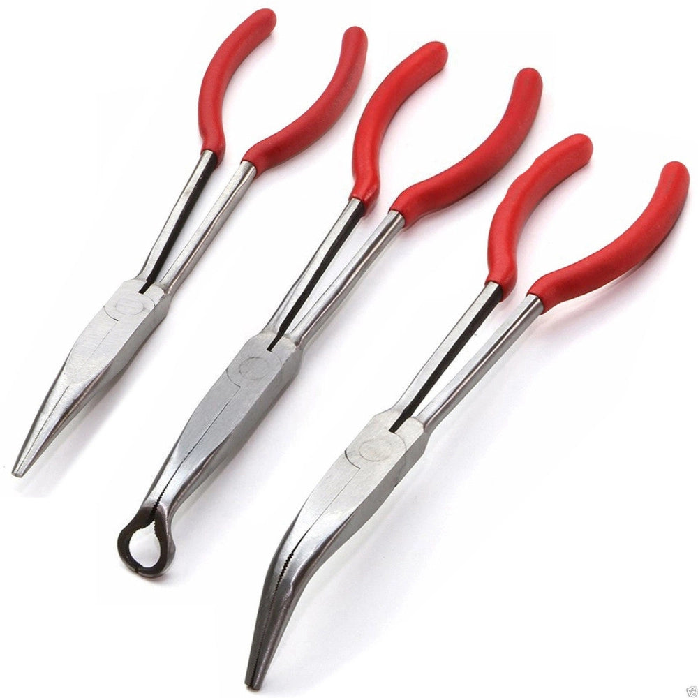 Trade Shop - Set 3 Pinze Lunghe 11" Becchi Becco Lunghi Tondi Per Meccanici Valvole Molle -