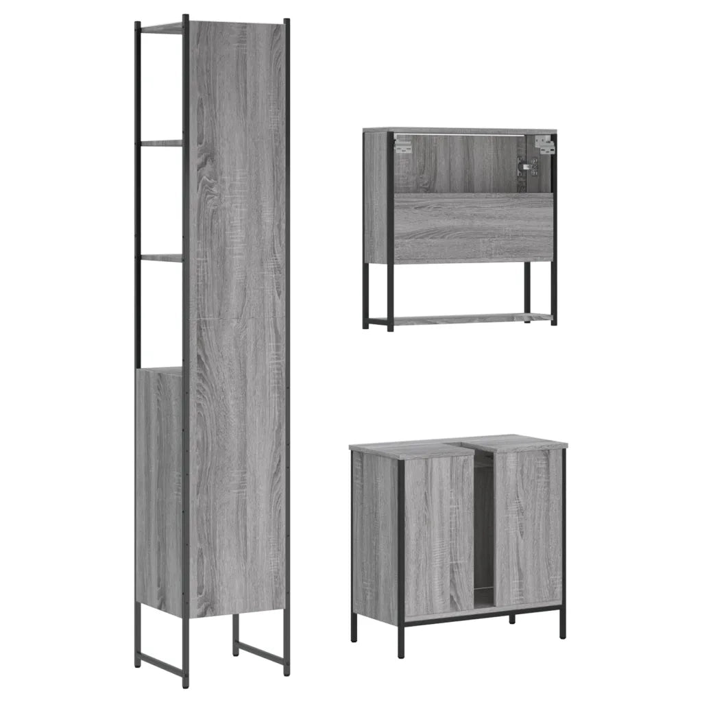 Set Mobili da Bagno | Armadio da bagno 3 pz Grigio Sonoma in Legno Multistrato