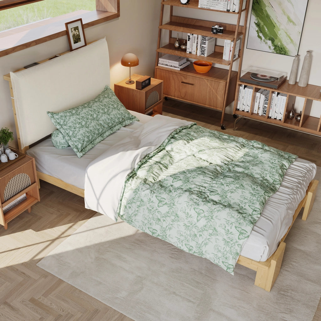 Letto Singolo 90x200 cm - Schienale Imbottito; Doghe Robuste e Gambe Larghe - Naturale