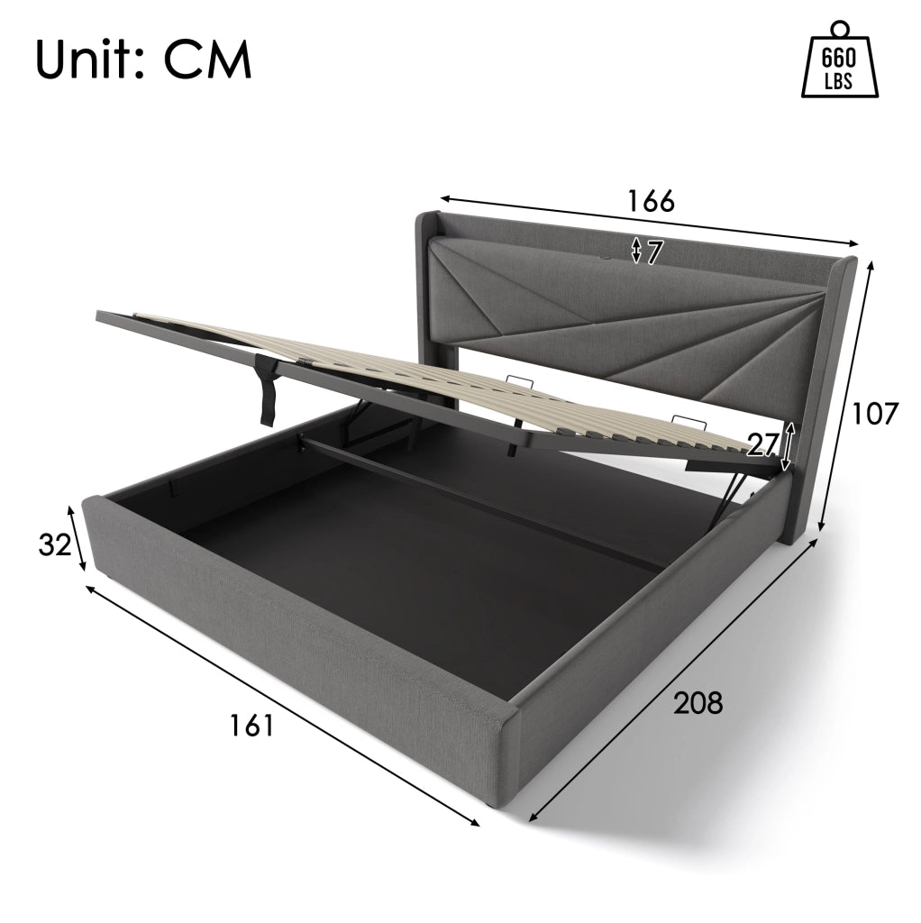 Letto matrimoniale imbottito con contenitore, USB e USB-C, 160x200 cm