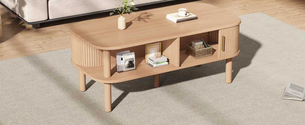 Tavolino basso con anta scorrevole e vani contenitore, in MDF, per soggiorno, stile scandinavo, 110 × 55 × 45 cm