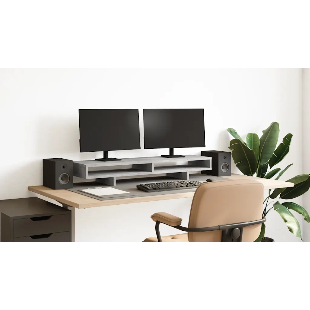 Supporto Monitor Grigio Cemento 100x27x15cm Legno Massello Pino 854754