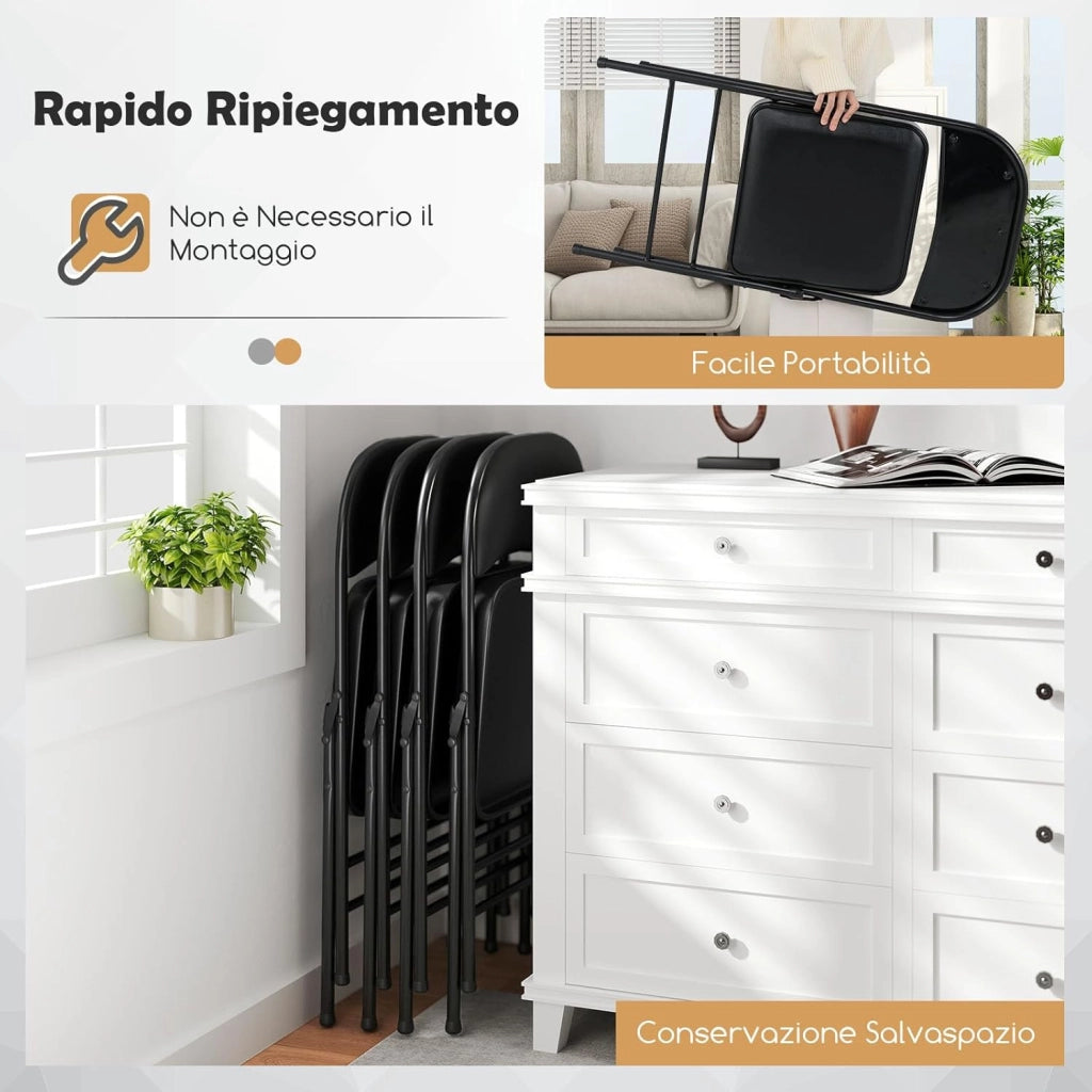 Set di 2 Sedie Pieghevoli, Sedia per Interno ed Esterno con Struttura in Metallo, Sedie Impilabili in Artificiale PVC, Portata 150kg, Sdraio Imbottite da Pranzo per Feste e Matrimoni (2)