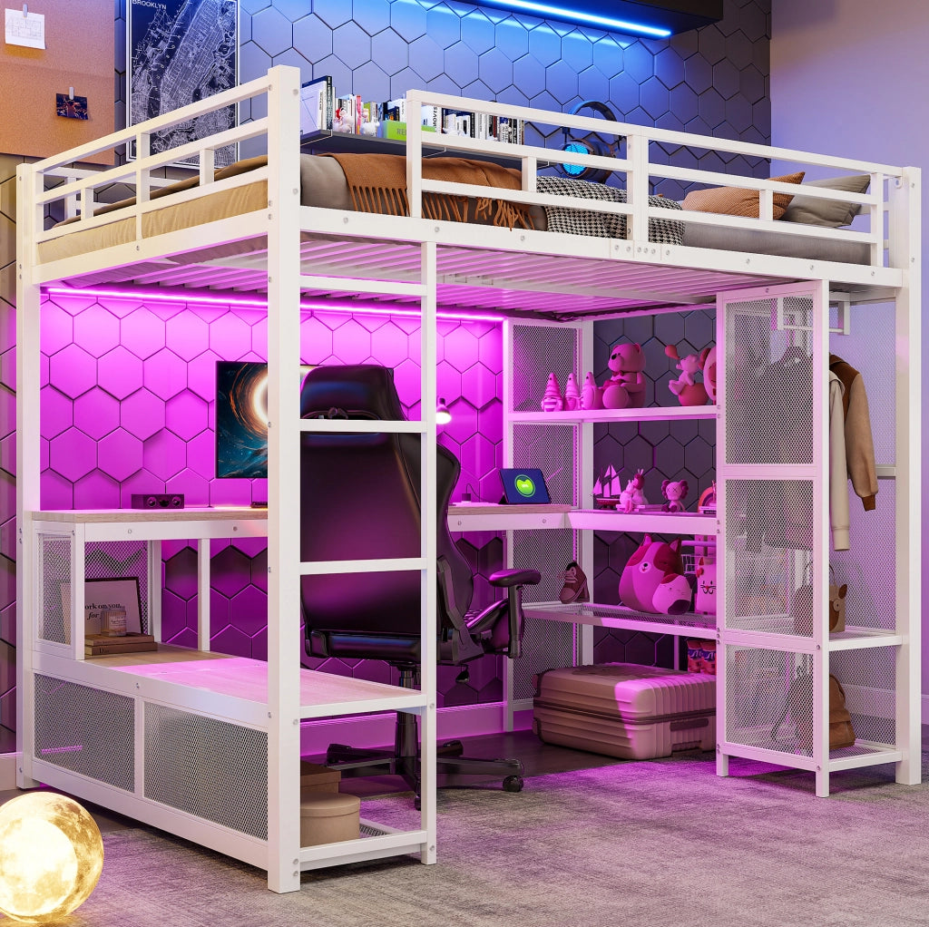 Letto a soppalco 140x200 cm con scrivania; LED e armadio aperto in metallo e MDF bianco