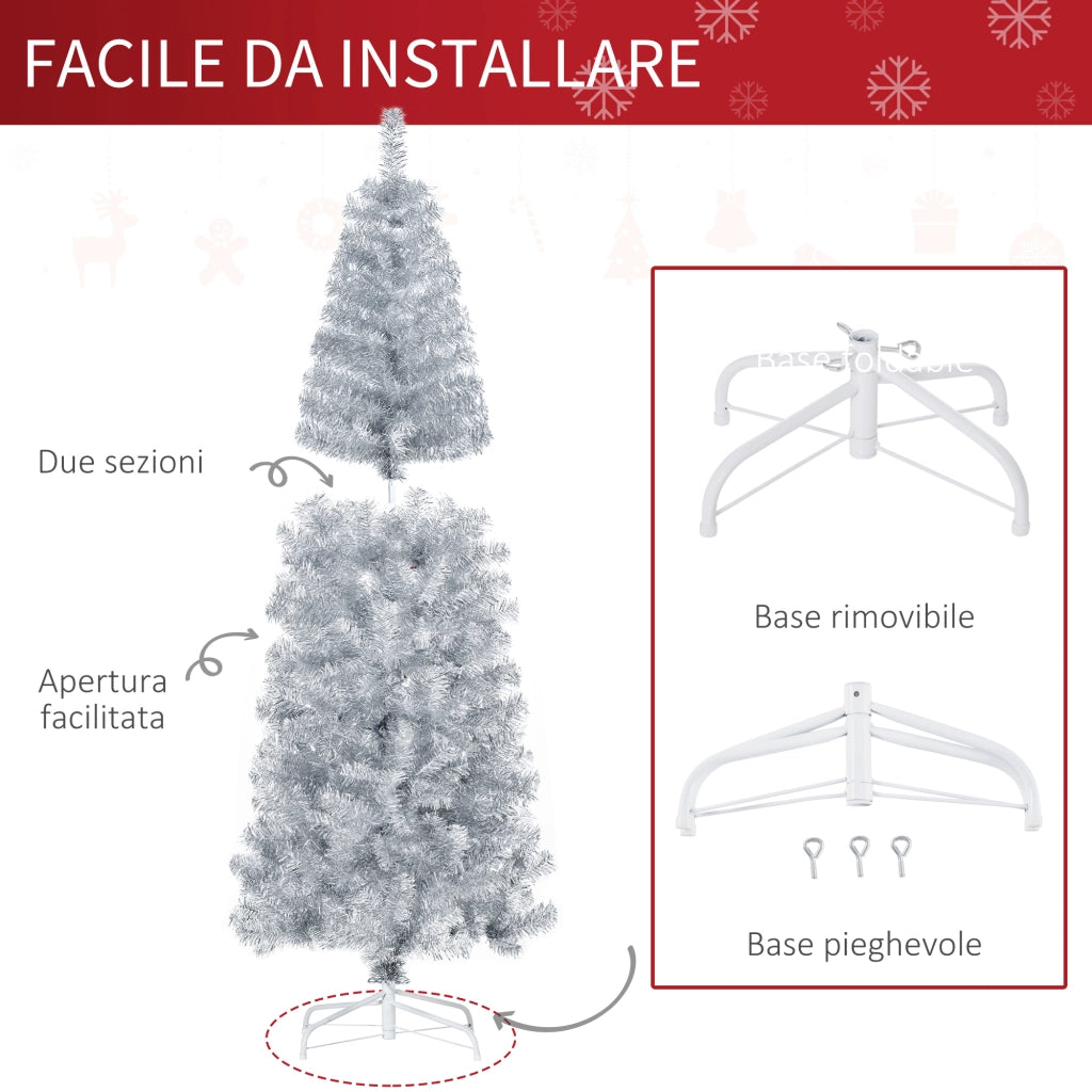 Easycomfort Albero di Natale Artificiale Alto 180cm con 618 Rami, Albero di Natale Slim con Base Rimovibile, in PET e Acciaio, Argento