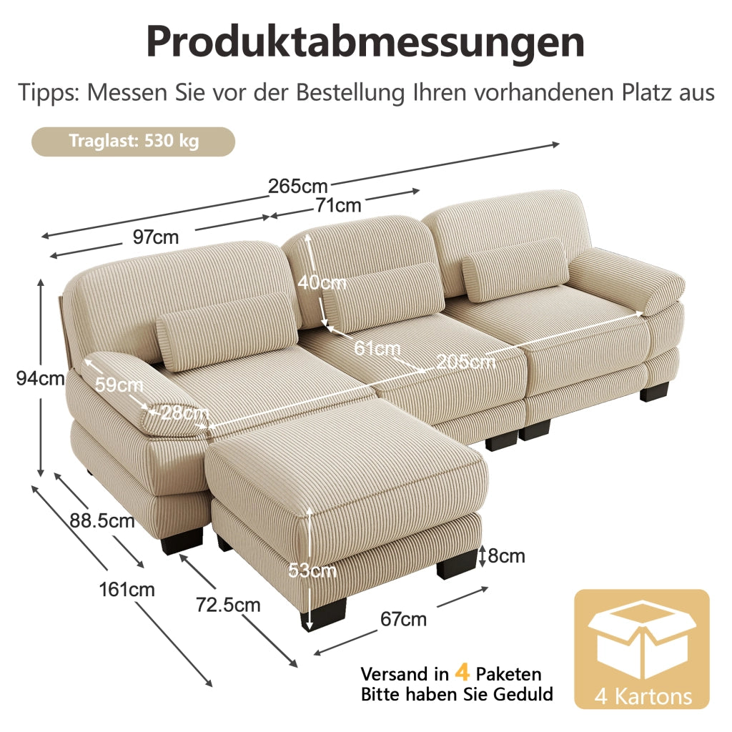 Divano modulare 3 posti a L con pouf e cuscino lombare in velluto a coste beige