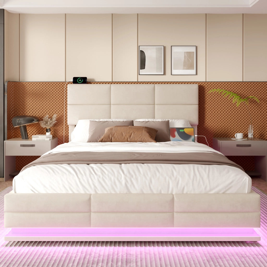 Letto matrimoniale 160x200 cm in velluto beige con testiera regolabile; LED e USB