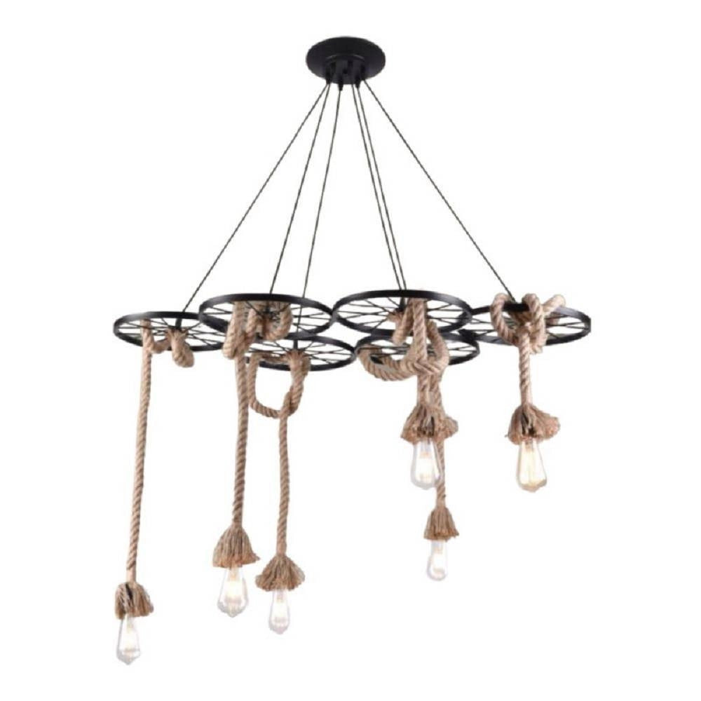 Trade Shop - Lampadario A Sospensione Con Corde Canapa 6 Portalampada E27 Retrò Country A89-6 -