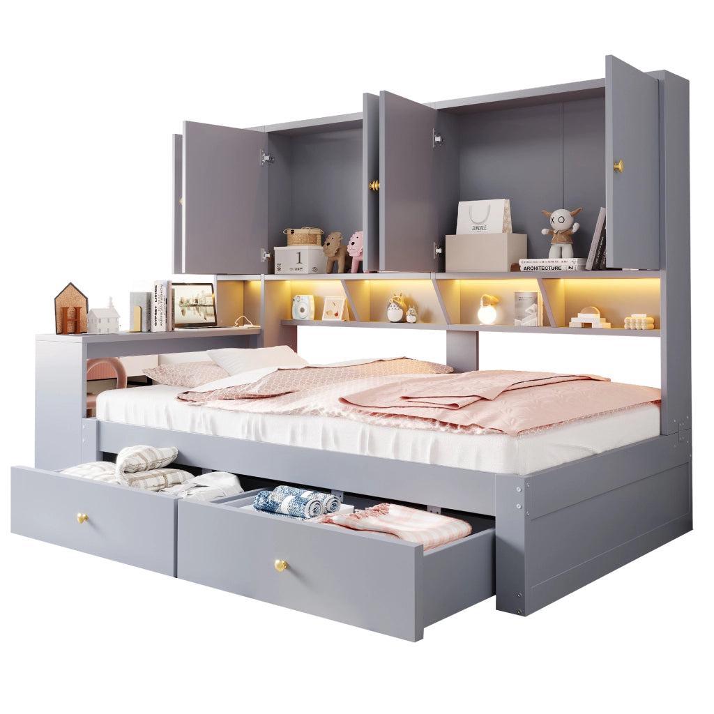 Letto per bambini 90x200 cm con scrivania; LED e prese; 2 cassetti e vani contenitore; MDF grigio