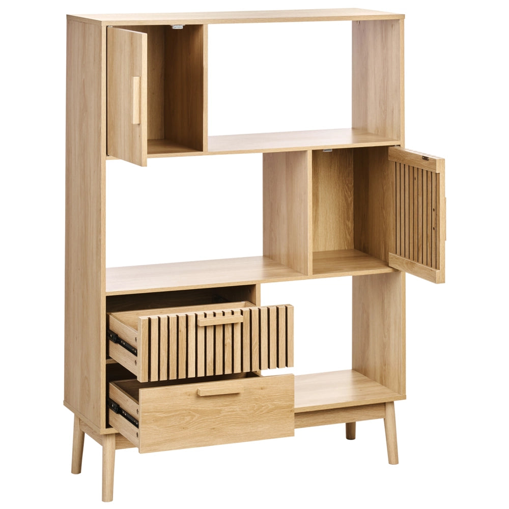 Libreria in legno chiaro MDF gambe in legno di pino 100x35x140 cm 2 cassetti 2 armadi 3 ripiani Scandinavo