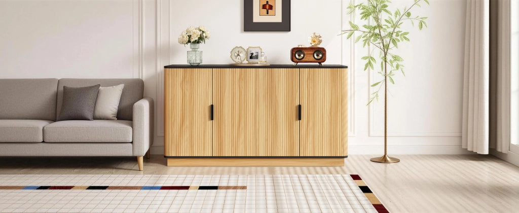 Credenza e madia a 4 ante con finitura effetto legno, maniglie in alluminio, per soggiorno, 139 × 40 × 75 cm