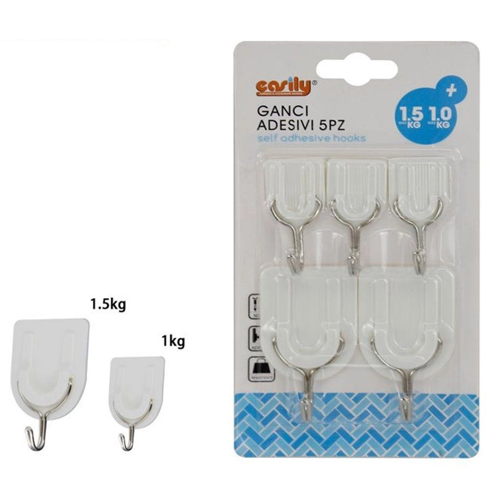 Trade Shop - Set 5pz Gancio Attaccapanni Adesivo Bianco Parete Legno Porte Fashion Hook 59671 -