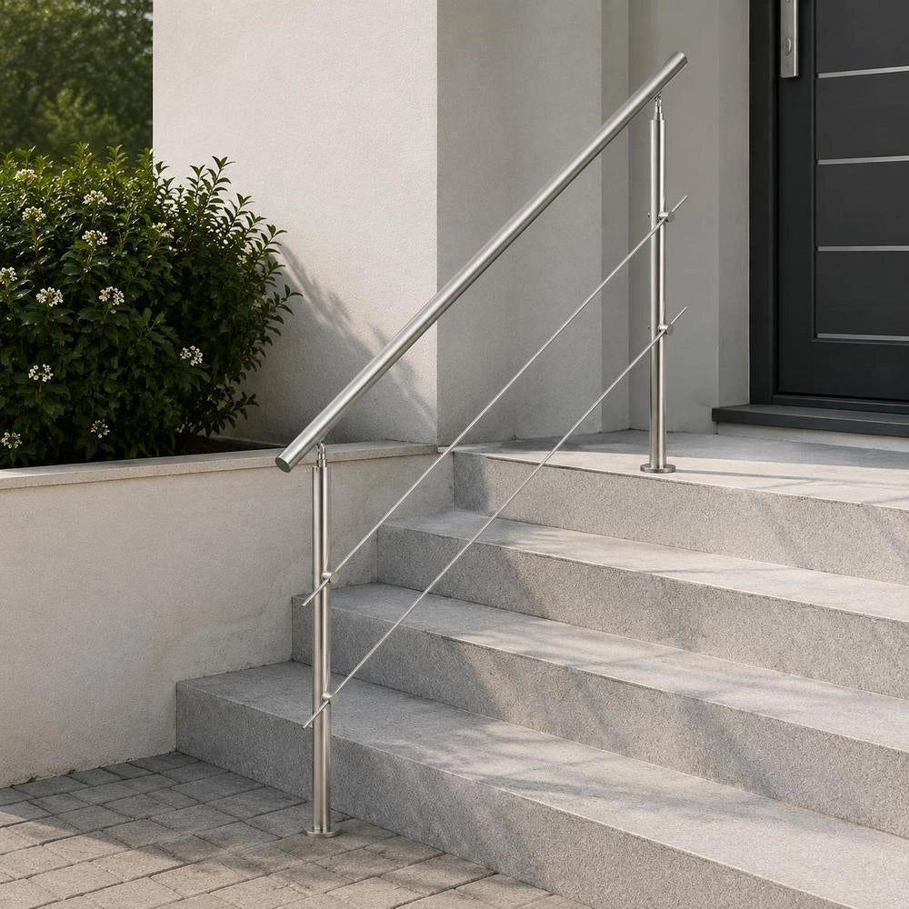 Handrails For Outdoor Stairs, 180 Cm Long, 2 Crossbars, Stair Handrail Set, Stainless Steel Transition Railing With Mounting Kit, Double-post Stair Handrails For Seniors, Veranda And Terrace