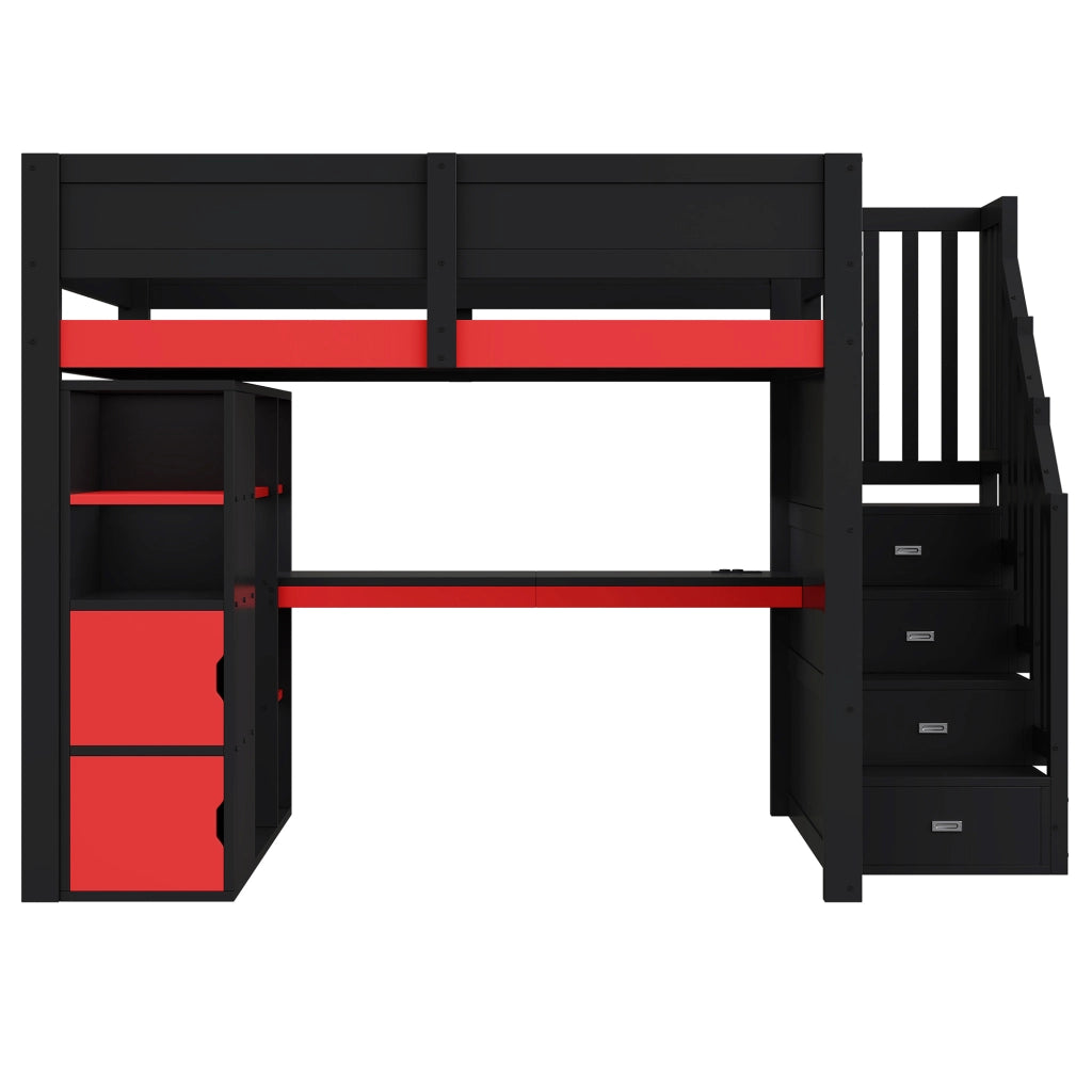 Letto a soppalco gaming 140x200 cm con scrivania; LED e scala contenitore; nero e rosso