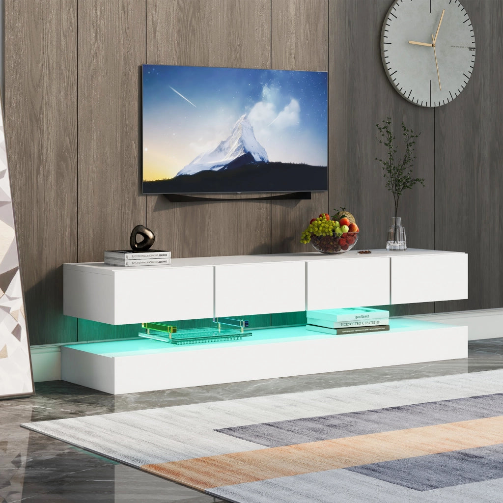 Mobile TV sospeso LED in MDF bianco con 4 cassetti, 2 vani e controllo Bluetooth da app