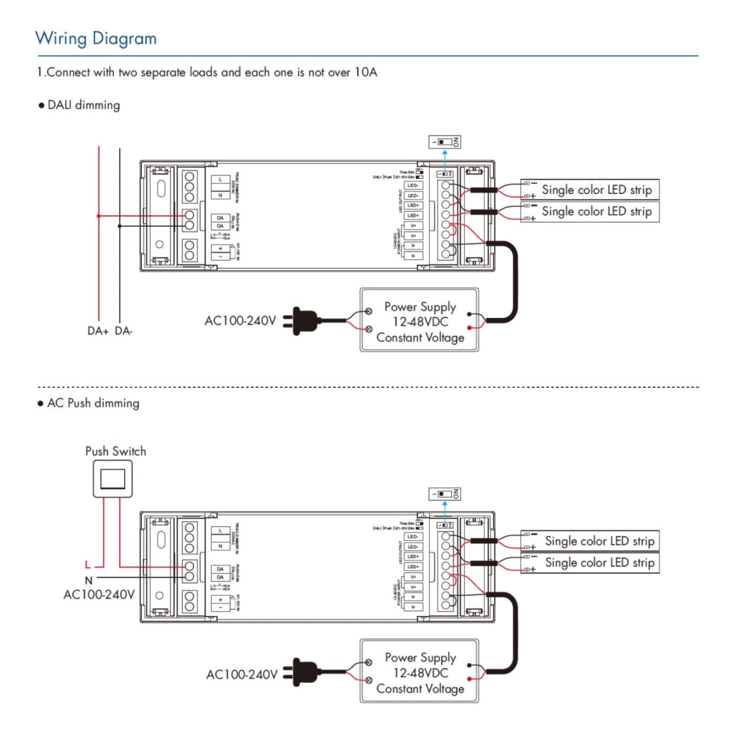 Led Dimmer DALI-2 AC Push Triac 0/1-10V, Pulsante NO, 12V 24V 36V 48V 20A, 1 Canale Tensione Costante, per Strisce LED Monocolore, V1-X