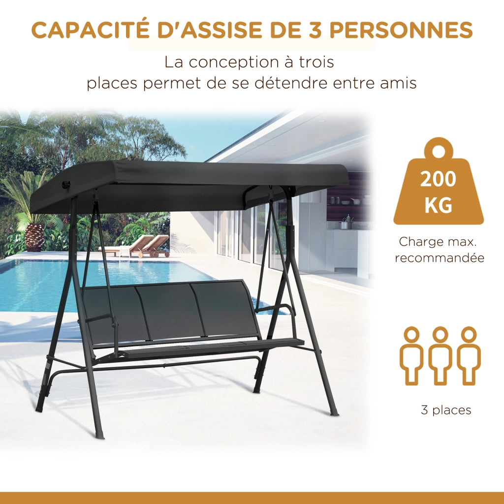 Amaca da Giardino 3 Posti con Tetto Regolabile ¨C Zephmum ¨C Nero Textilene Acciaio