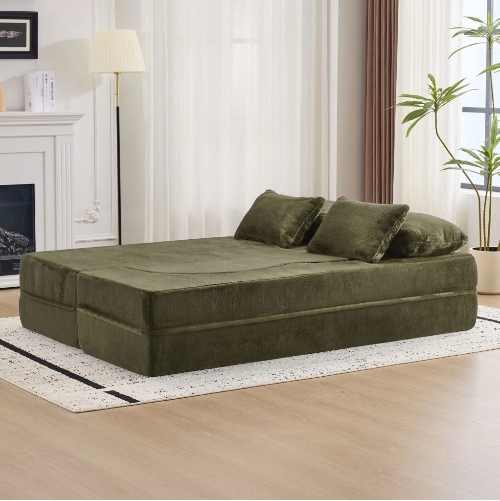 Divano letto pieghevole ULEVR verde con 4 cuscini, futon 2 in 1 in schiuma e molle