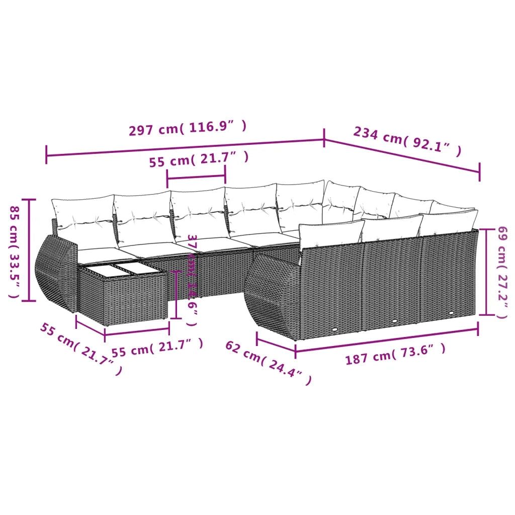 Set Divani da Giardino 11 pz con Cuscini in Polyrattan Grigio