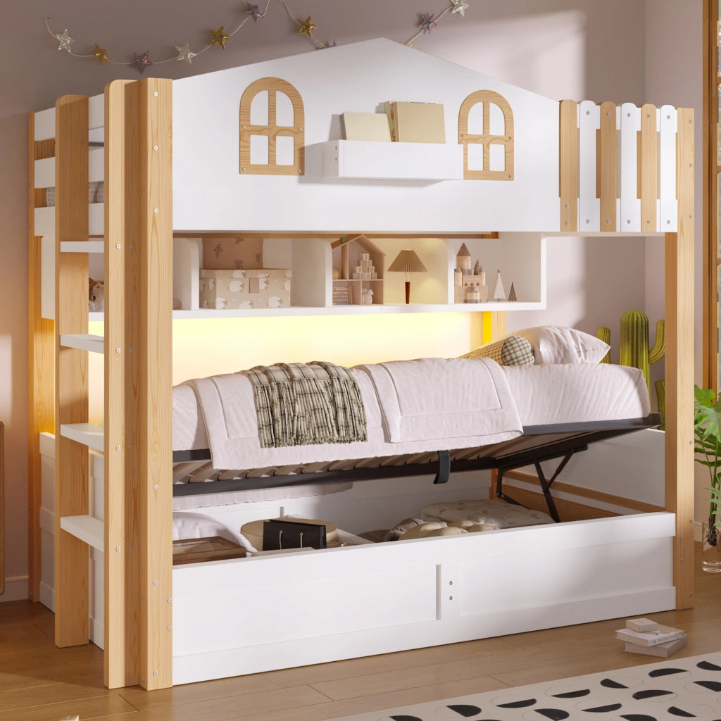 LETTO A CASTELLO 90x200 cm in pino massello e MDF, design casetta, bianco/naturale