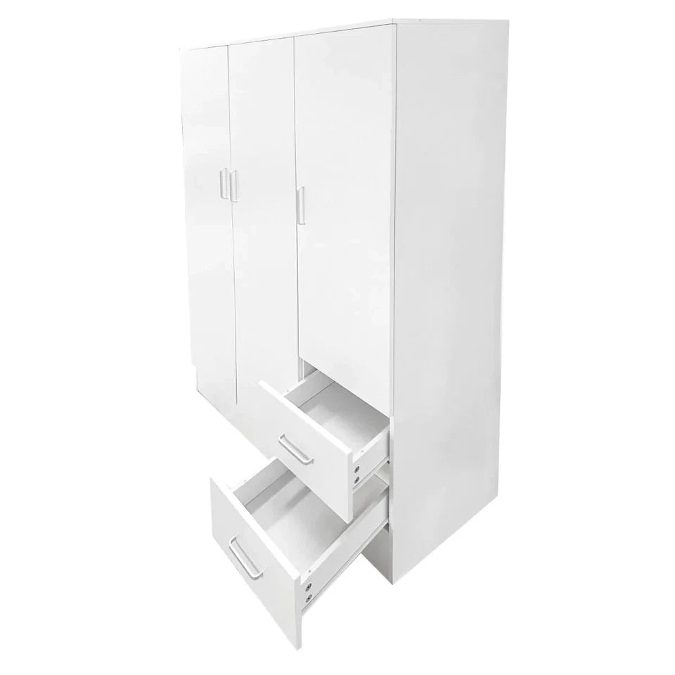 Armadio Guardaroba 120x50x170 cm 3 ante e 2 cassetti, Legno Laminato Bianco per Mansarda, Cantina, Garage e Ripostiglio
