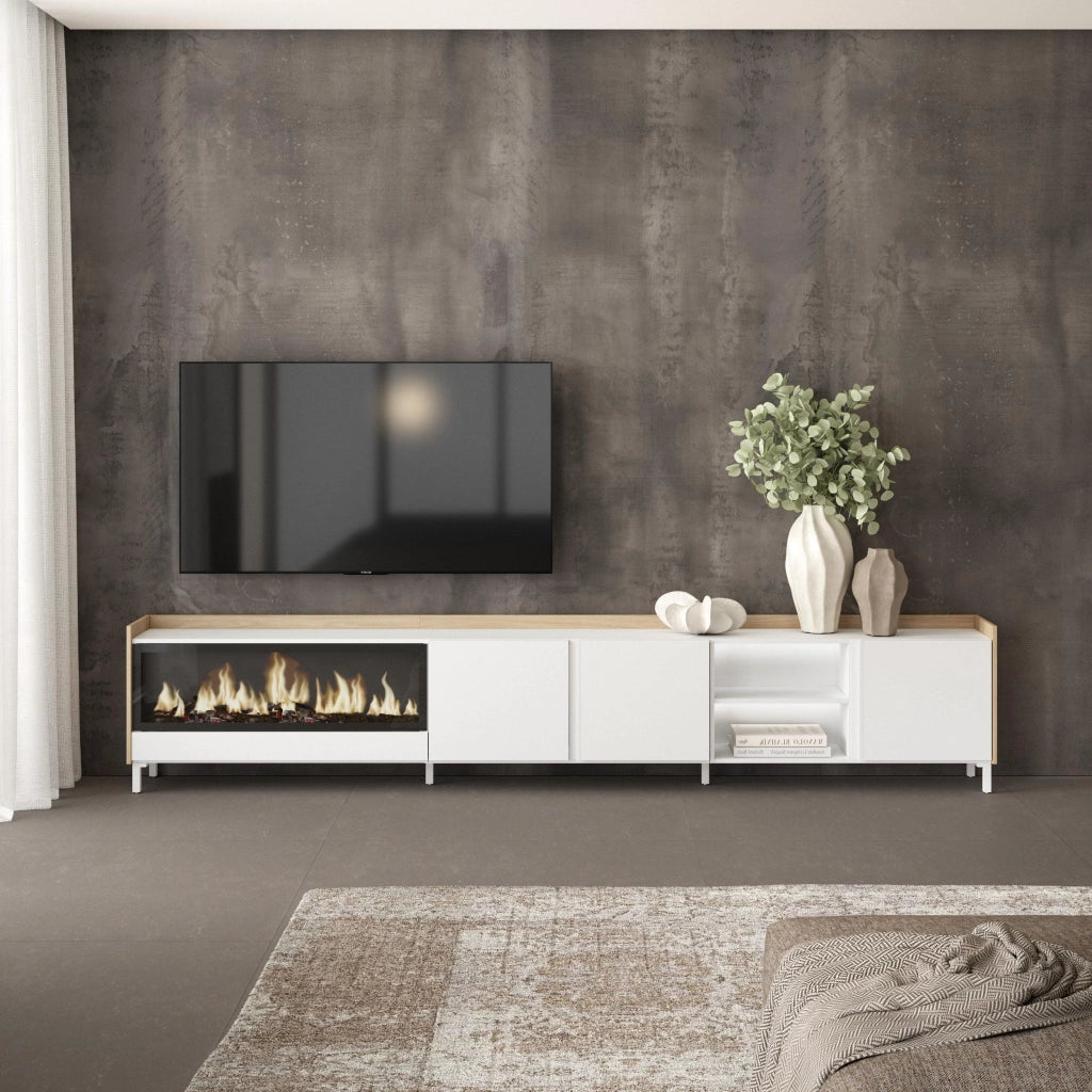 Mobile TV Soggiorno, 315x61x35 cm, Per TV fino a 80", Camino elettrico XXL, Design industriale, LED, Bianco e Rovere soft