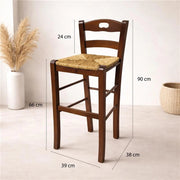 SET 2PZ SGABELLI SNACK CON SEDUTA IN PAGLIA COLORE NOCE 39X38X90CM STILE RUSTICO SCHIENALE ALTO