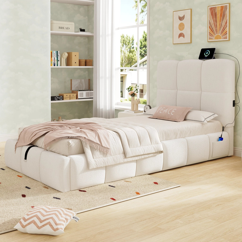 Letto bambino 90×200 cm con contenitore idraulico; USB Type-C; senza materasso; bouclé beige