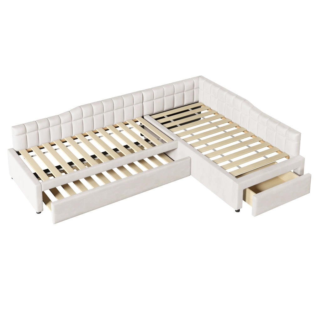Letto Combinato 90x200 cm e 90x200 cm; con letto estraibile e cassetti in Flanella; Beige