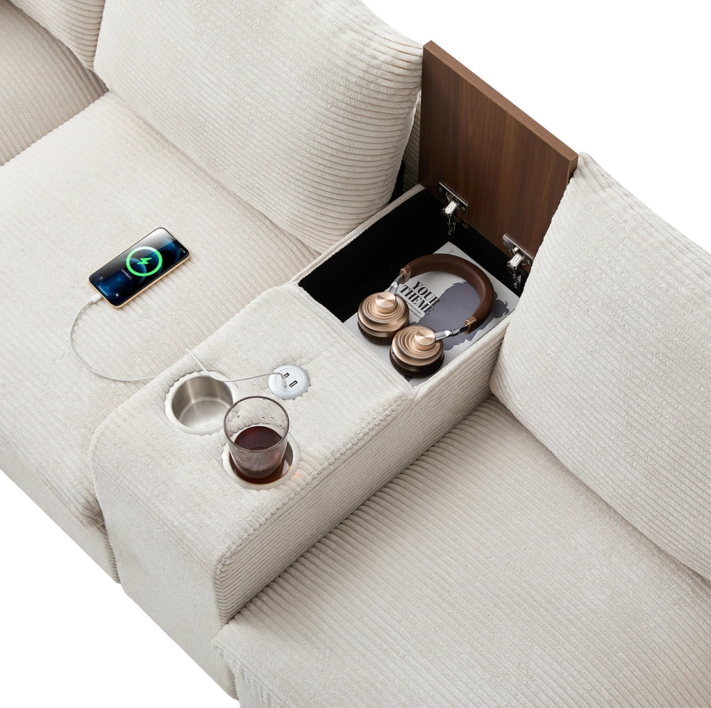 Divano angolare modulare 4 posti con console; 2 USB; portabicchieri e pouf contenitore beige