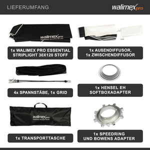 Essential Striplight Softbox 30x120cm + adattatore softbox per Hensel Expert, ruotabile a 360°, griglia inclusa, adattatore Bowens e borsa per il trasporto