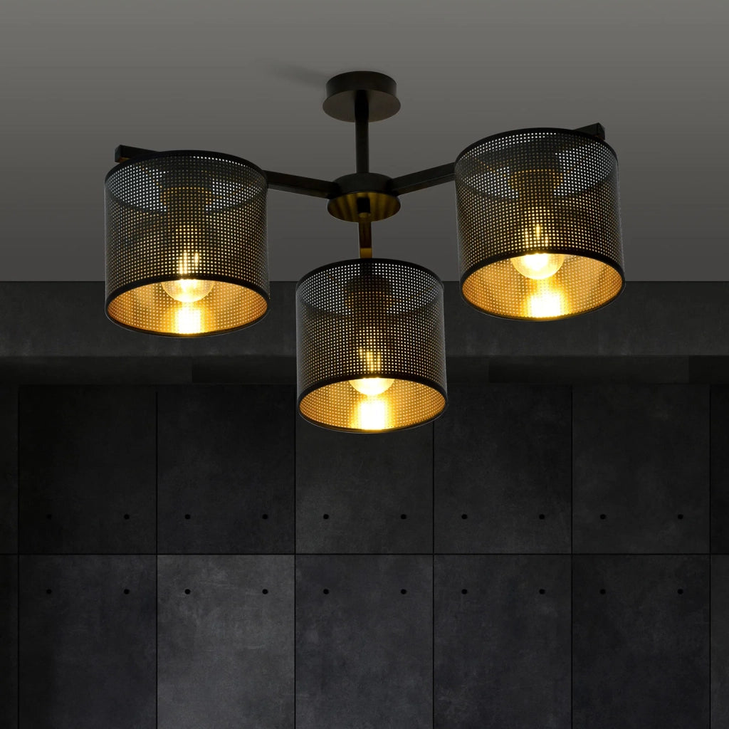 Plafoniera Industrial 3 Luci Cigno In Acciaio Nero E Paralumi A Cilindro Oro