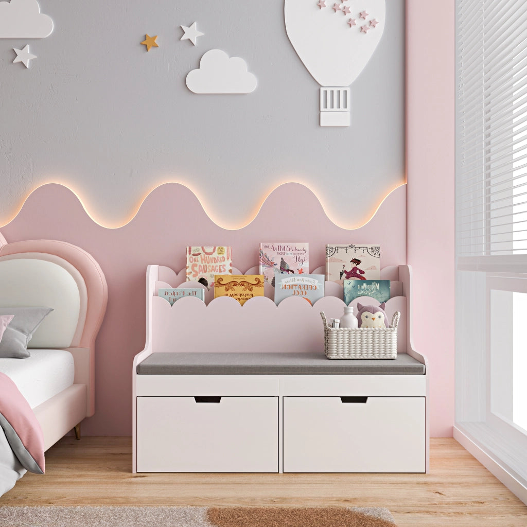 Panca Vestnes con Scaffale e 2 Cassetti per Cameretta - Rosa/Bianco [en.casa]
