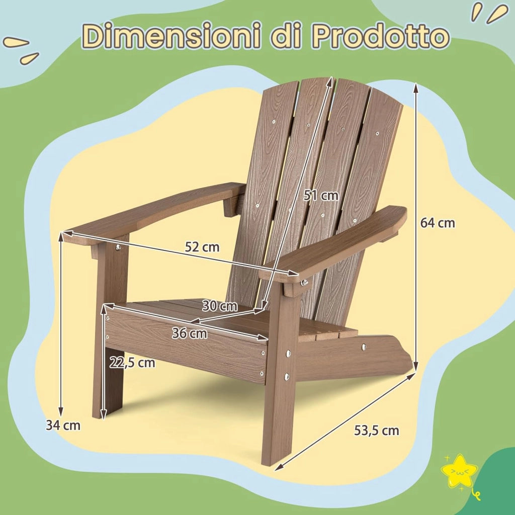 Sedia Adirondack per Bambini, Poltrona da Giardino in Plastica Resistente alle Intemperie con Schienale a Doghe Inclinato, Sedia Adirondack per Patio e Balcone, Portata 75 kg (Marrone)