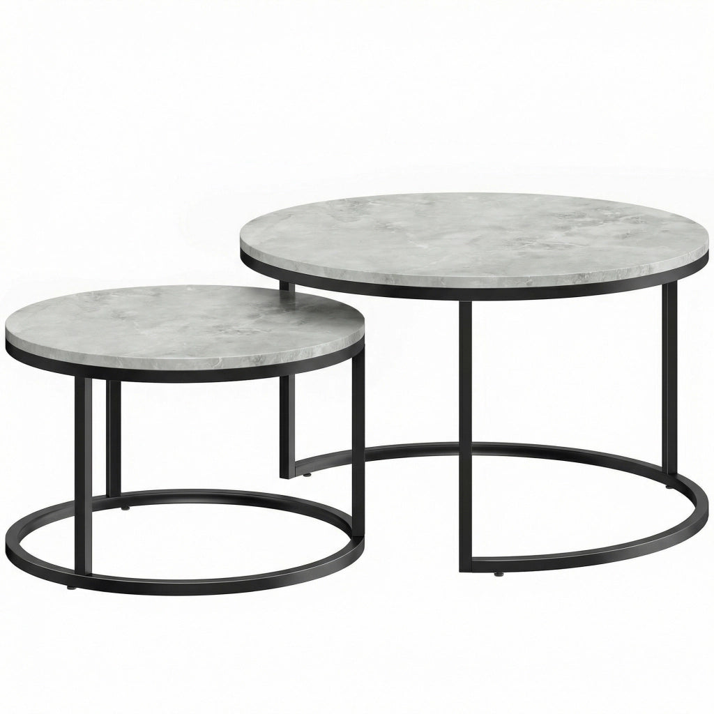 Set 2 Tavolini da Salotto Ø78,5x46,5 cm e Ø59x36,5 cm con Piano Effetto Marmo in Legno e Metallo Grigio Marmo