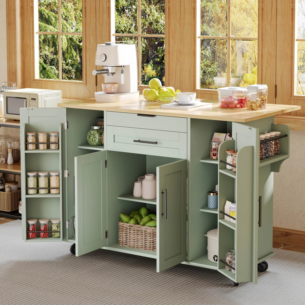 Carrello da cucina con 2 cassetti; ripiani regolabili e porta asciugamani per cucina; MDF; verde antico; 136×70×92 cm