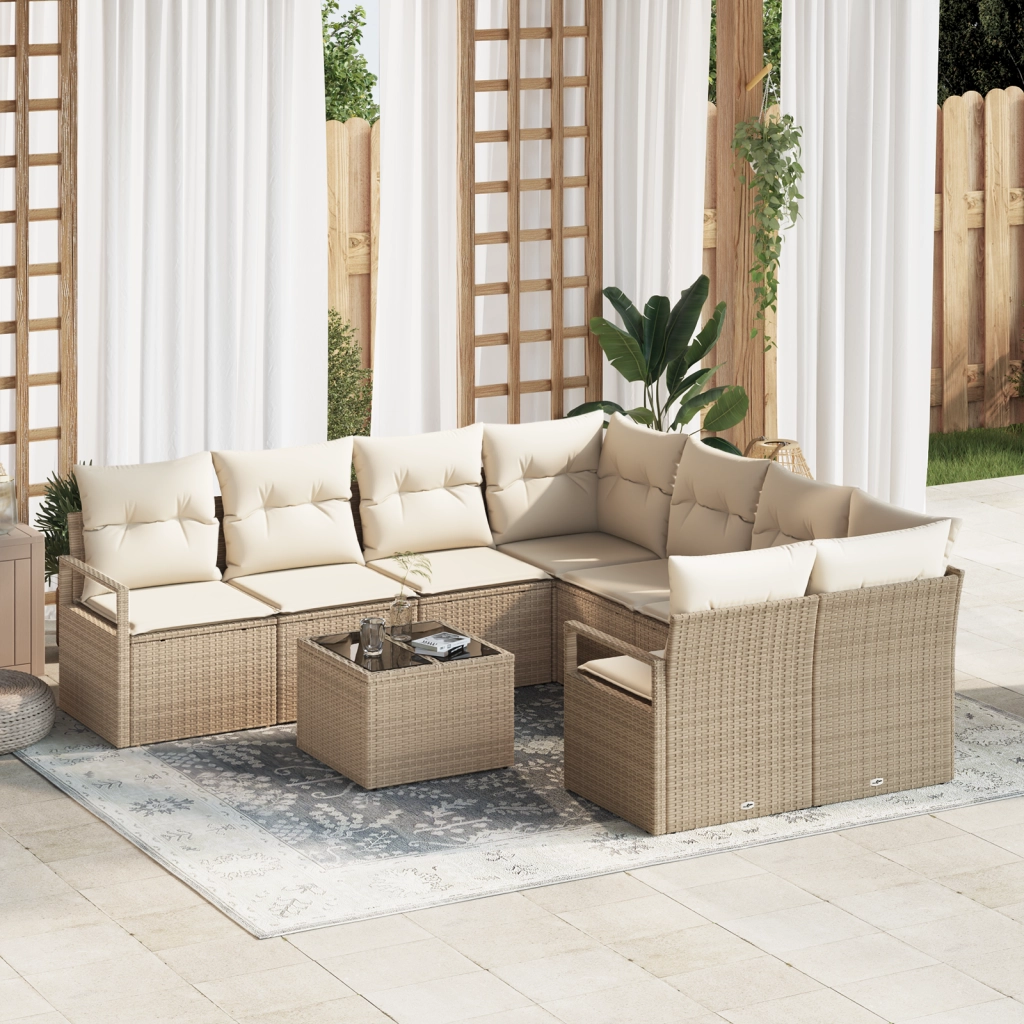 Set Divano da Giardino  a 9 Pezzi con Cuscini Beige in Rattan Sintetico