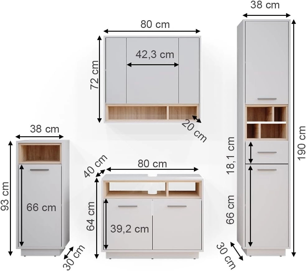 Set mobili bagno Beatrice, Bianco, 80 cm, composto da mobile lavabo, pensile a specchio, colonna e base media