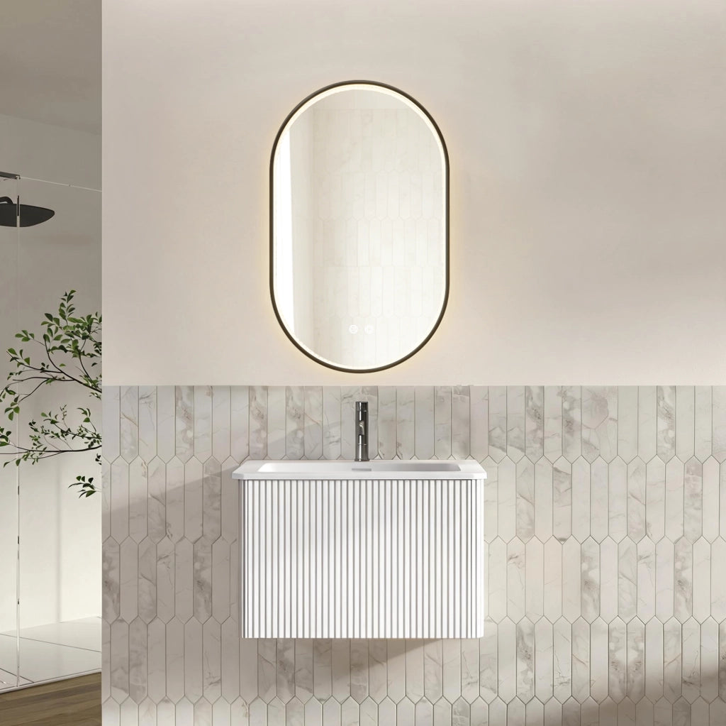 Set mobile bagno sospeso ULEVR con lavabo integrato e specchio LED antiappannamento, bianco