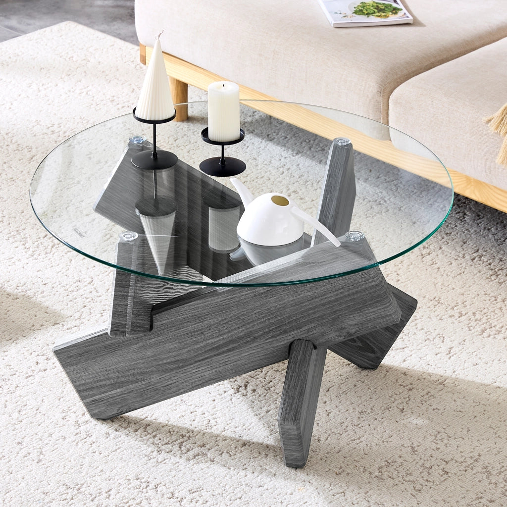 Tavolino da salotto rotondo - Zephmum- 79cm diametro- MDF + vetro- Multi-colore