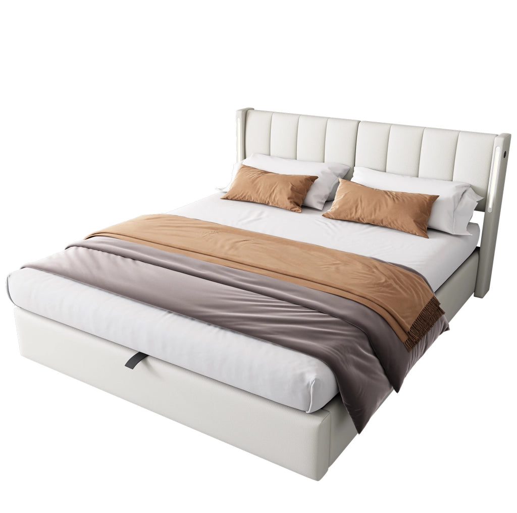 Letto contenitore 180x200 cm con LED; USB C e testiera regolabile; PU bianco