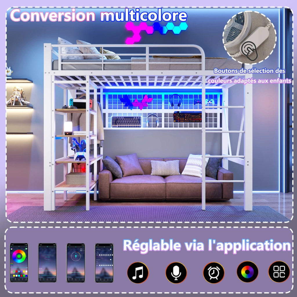 Letto a soppalco singolo 90×200 cm con LED; ripiano e rete appendiabiti; senza materasso; metallo; bianco