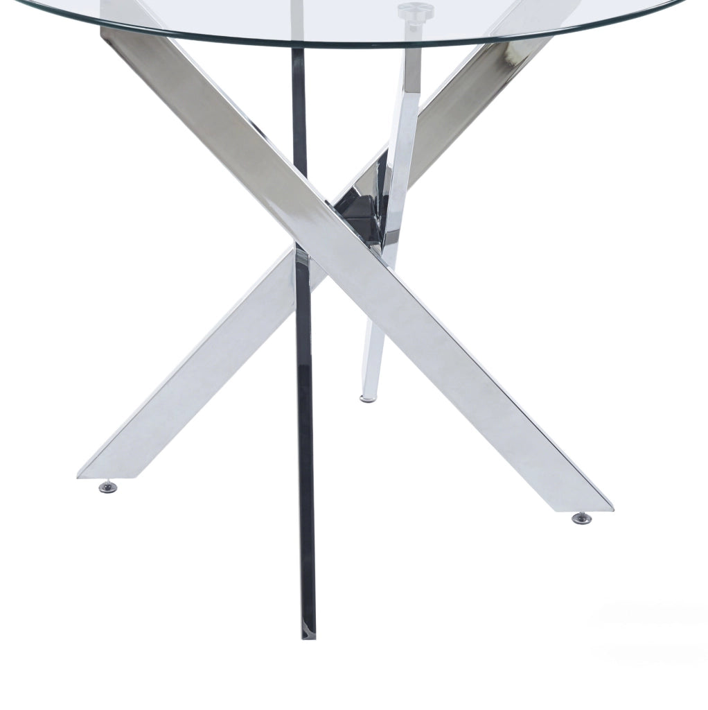 Tavolo da pranzo con piano in vetro e gambe in metallo