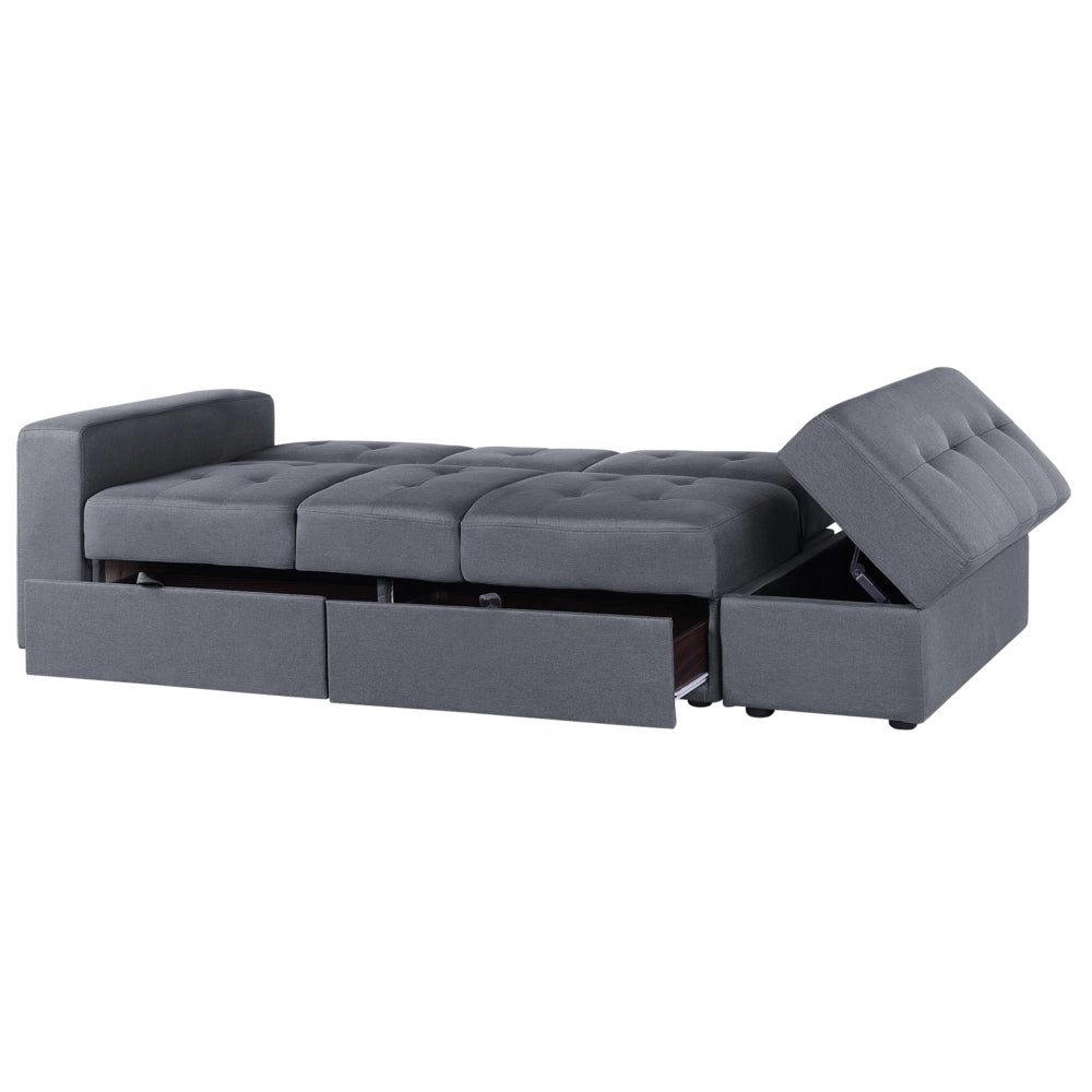 Divano letto componibile ottomana contenitore grigio scuro cassetti estraibili Click Clack vassoio ribaltabile portabicchieri