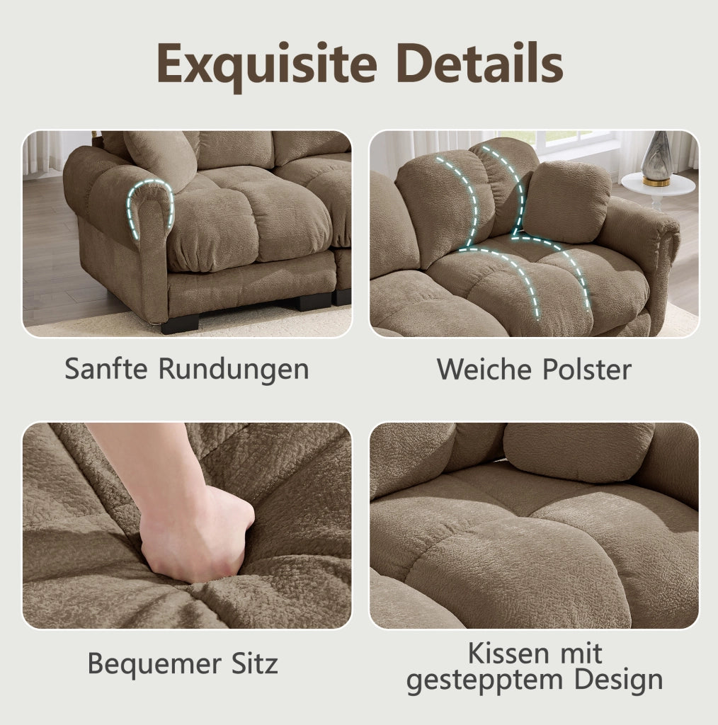Divano 2 posti in Chenille marrone con pouf mobile, design modulare a U, imbottitura spessa e confortevole