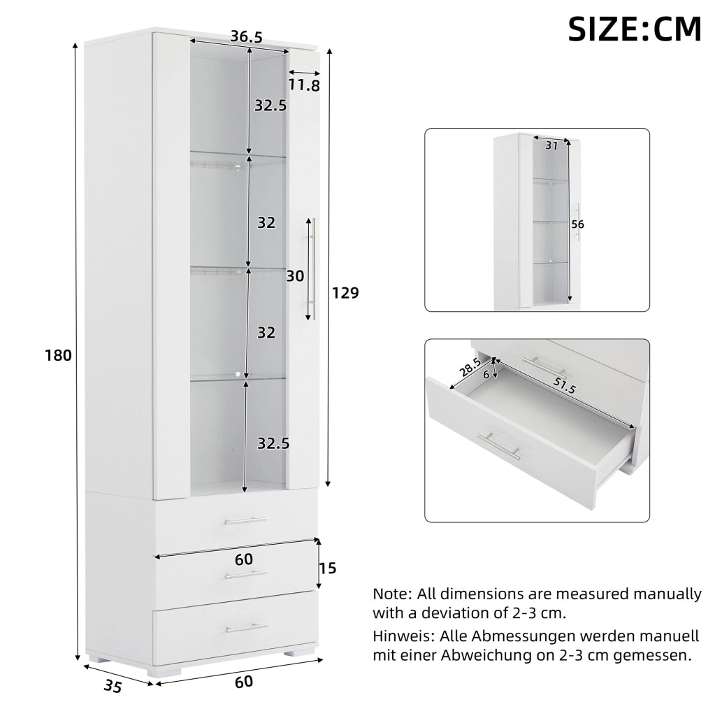 Vetrina bianca lucida con LED, 60x35x180 cm, MDF con porta acrilica e 3 cassetti