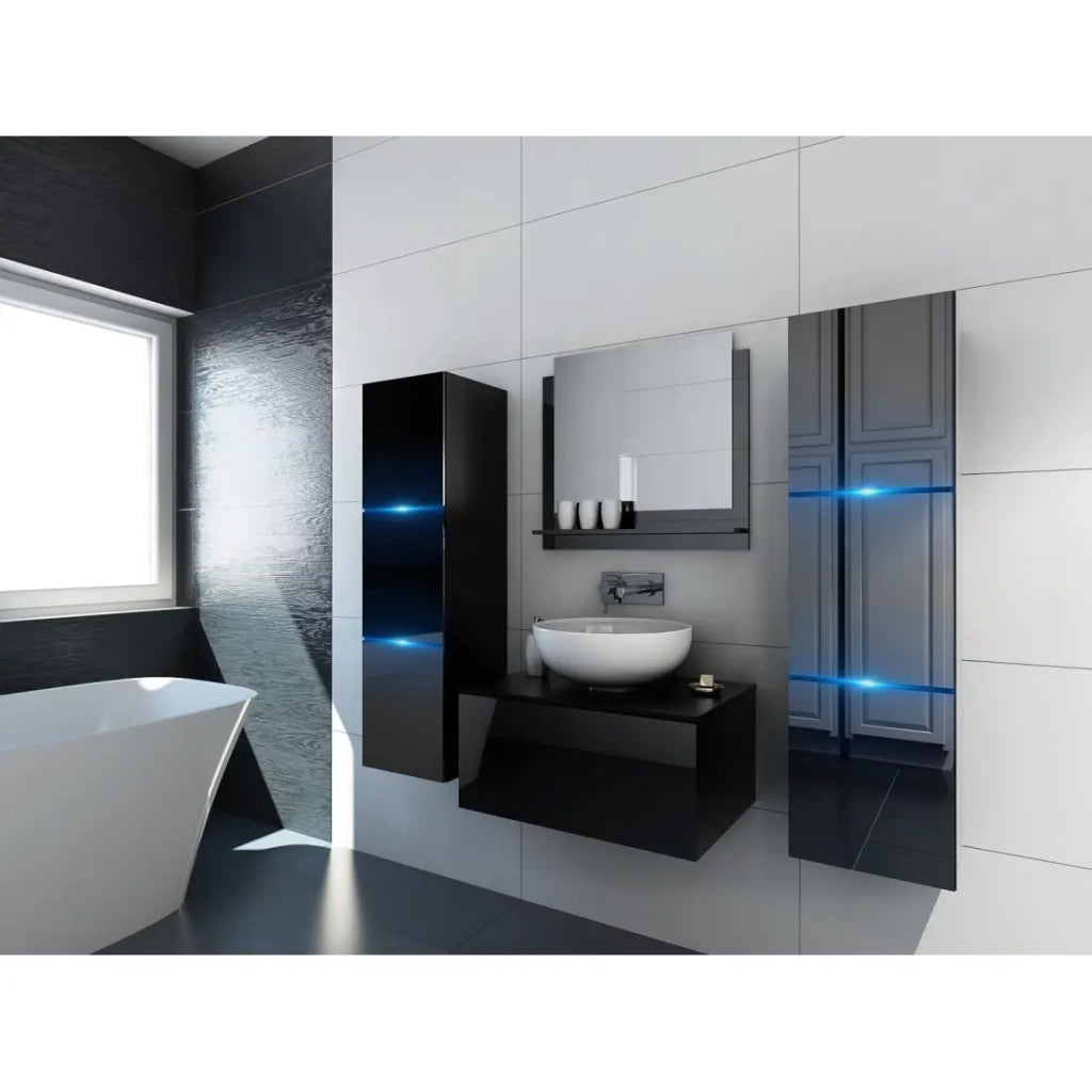 Mobile sottolavabo sospeso collezione OWL, colore nero opaco e nero lucido, ideale per un bagno di design.