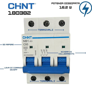 Chint nb1-63 interruttore magnetotermico 3p curva c 6ka guida din *** ampere 50 ampere, confezione 1