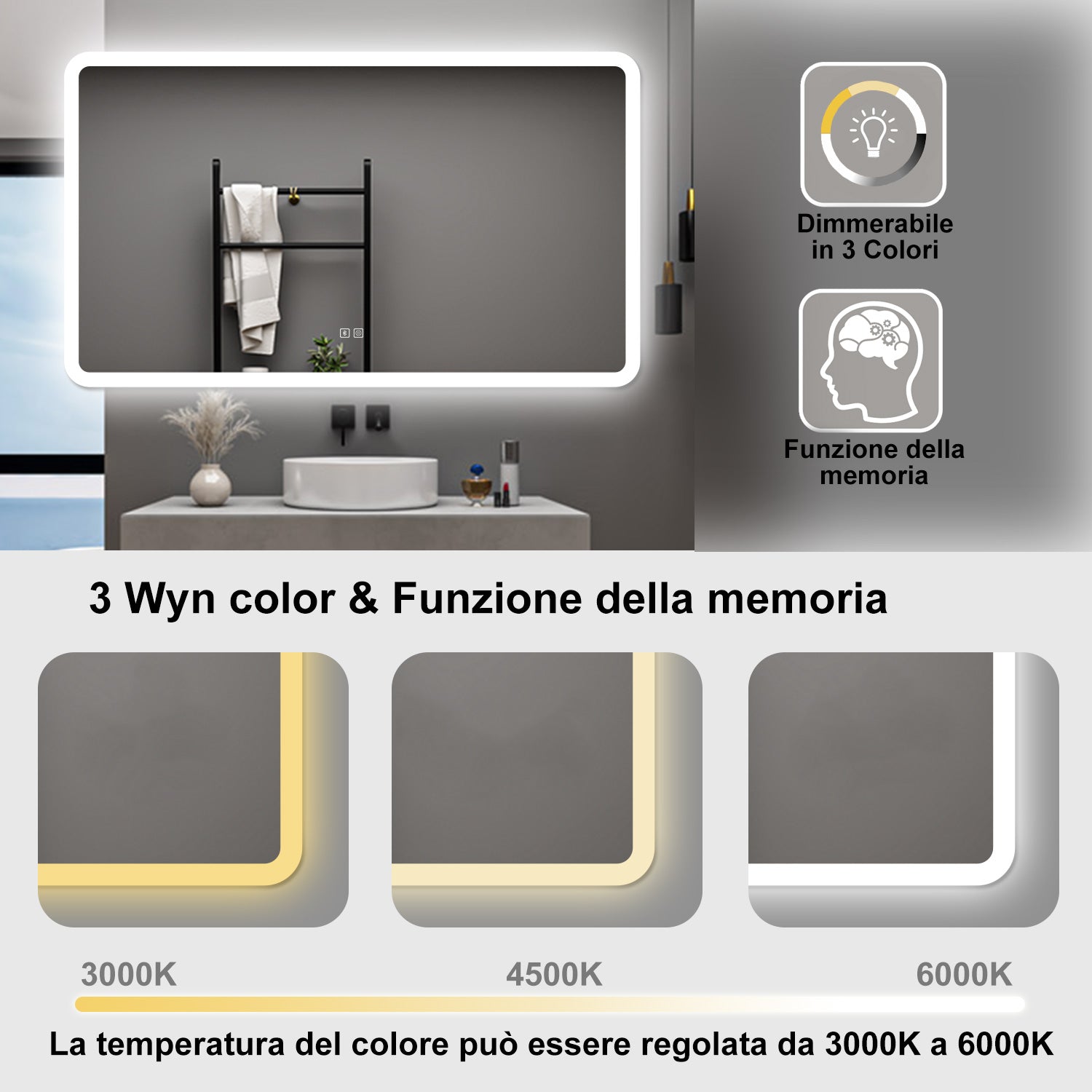 AICA Specchio da bagno  70 x 120 cm, dimmerabile, Blue tooth, Funzione Memoria, antiappannamento, 3 colori